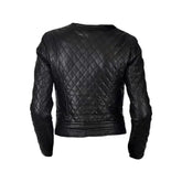 Black Quilted Biker Style Round Neck Leather Jacket